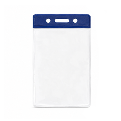 A vertical clear plastic ID badge holder sleeve with a blue top header bar and three hanging holes (slot and chain), shown on a plain white background. (1820-1052) 