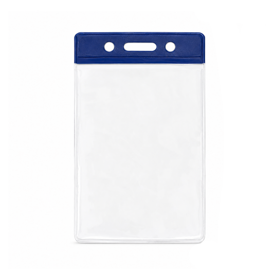 A vertical clear plastic ID badge holder sleeve with a blue top header bar and three hanging holes (slot and chain), shown on a plain white background. (1820-1052) 