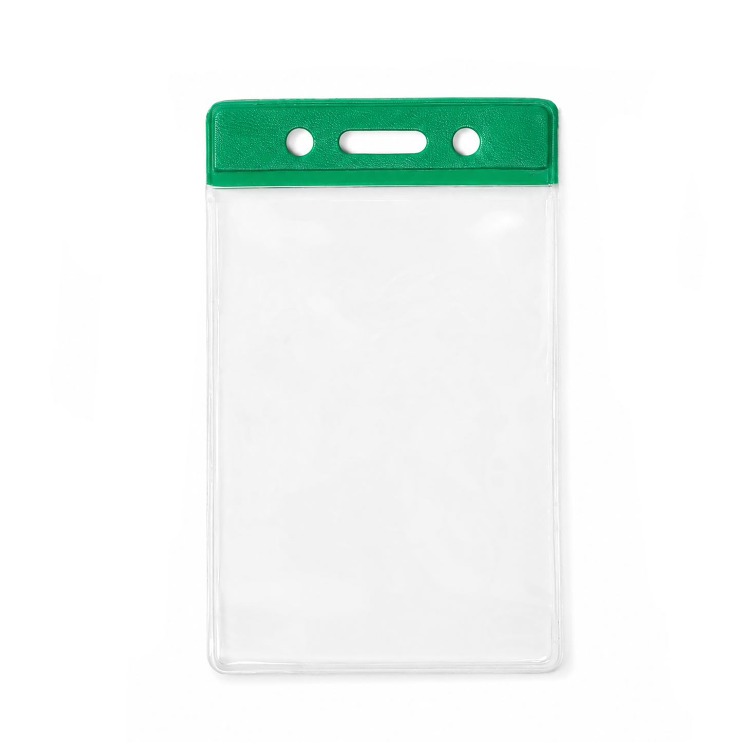 A vertical clear plastic ID badge holder sleeve with a green top header bar and three hanging holes (slot and chain), shown on a plain white background. (1820-1054) .