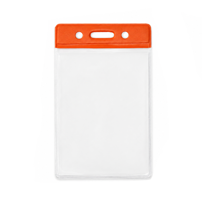 A vertical clear plastic ID badge holder sleeve with a orange top header bar and three hanging holes (slot and chain), shown on a plain white background. (1820-1055) 