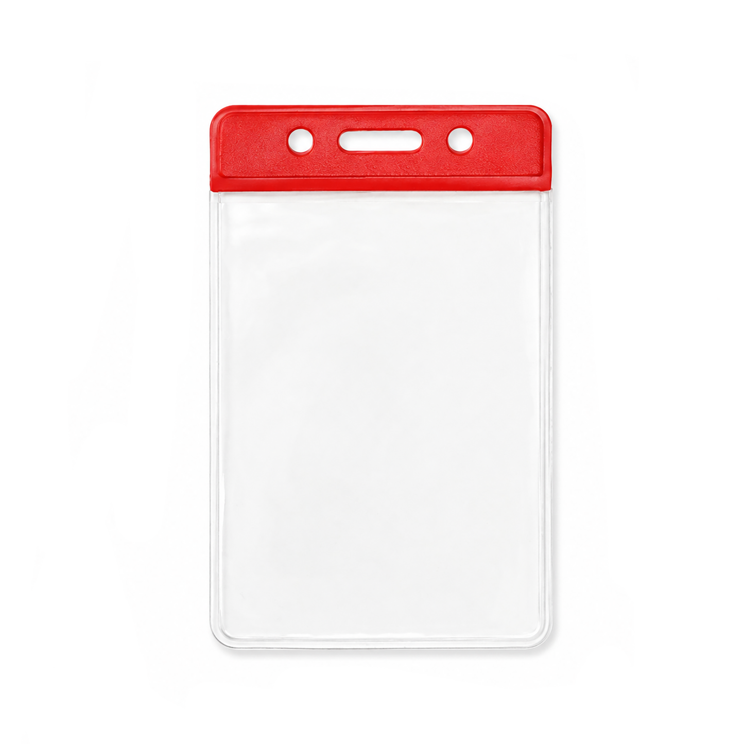 A vertical clear plastic ID badge holder sleeve with a red top header bar and three hanging holes (slot and chain), shown on a plain white background. (1820-1056) 