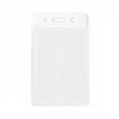 A vertical clear plastic ID badge holder sleeve with a white top header bar and three hanging holes (slot and chain), shown on a plain white background. (1820-1058) 