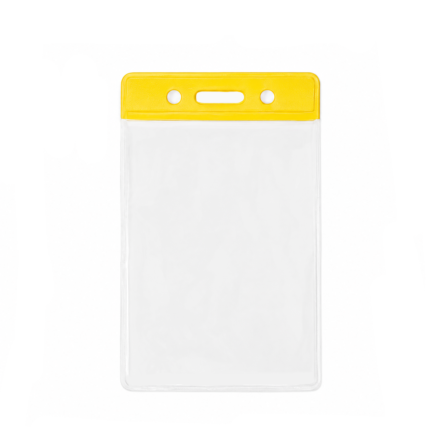 A vertical clear plastic ID badge holder sleeve with a yellow top header bar and three hanging holes (slot and chain), shown on a plain white background. (1820-1059) 