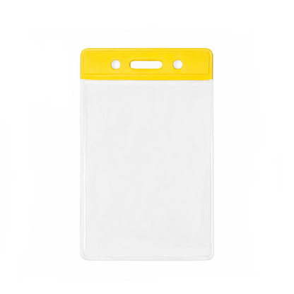A vertical clear plastic ID badge holder sleeve with a yellow top header bar and three hanging holes (slot and chain), shown on a plain white background. (1820-1059) 