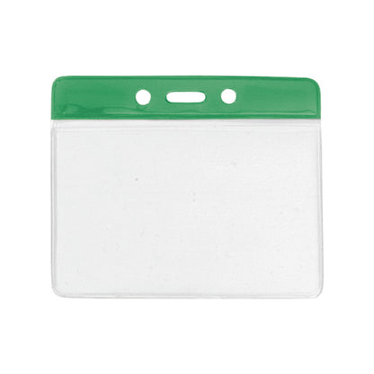 An Oversize Horizontal Vinyl Color-Bar Badge Holder, CR100 size (3.85" x 2.68"), features a green top with three attachment holes (P/N 1820-110X).