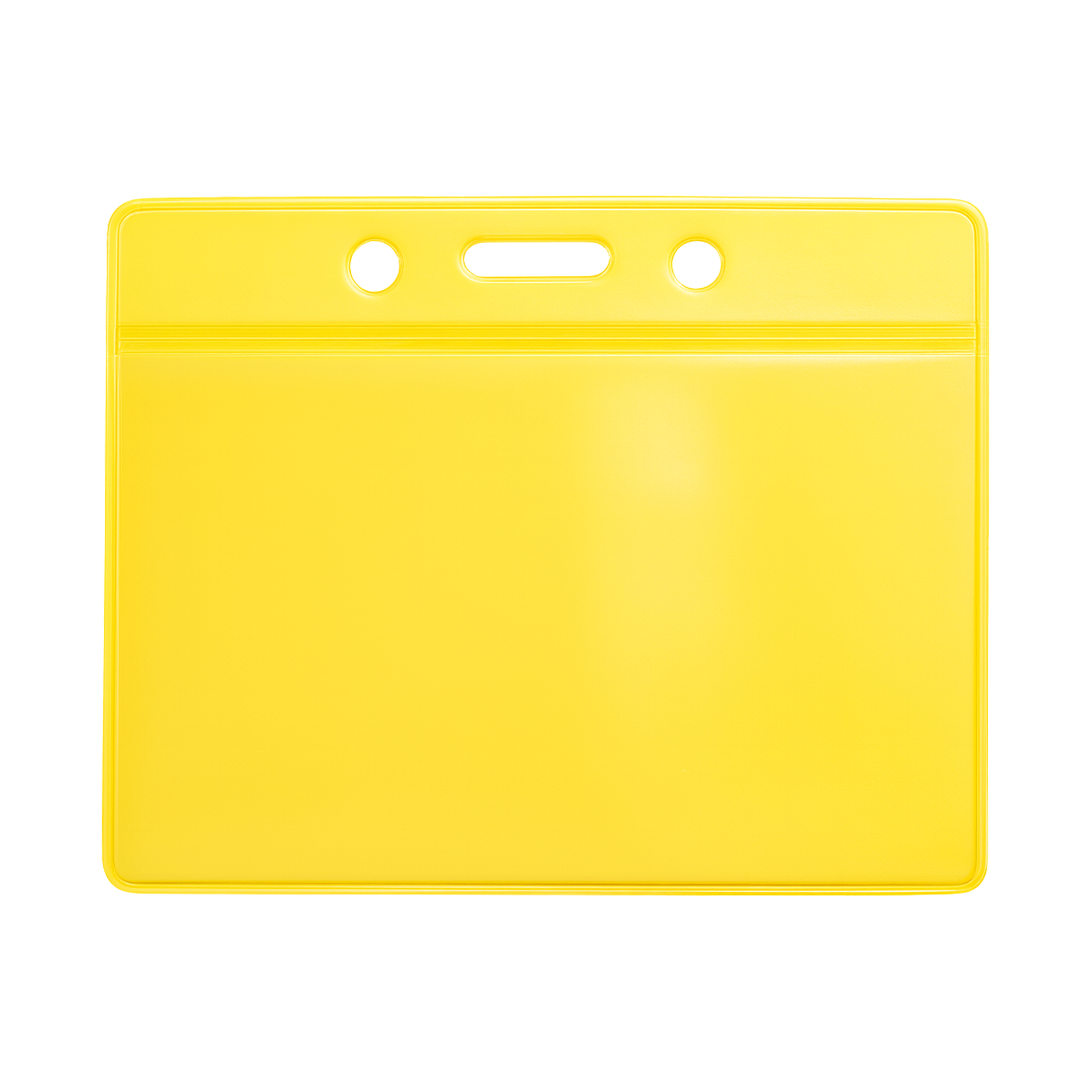 Image of a yellow, transparent Horizontal Vinyl Color-Back Badge Holder (P/N 1820-200X) with two circular holes and a horizontal slot at the top for attachment, perfect for quick identification during student bus assignments.