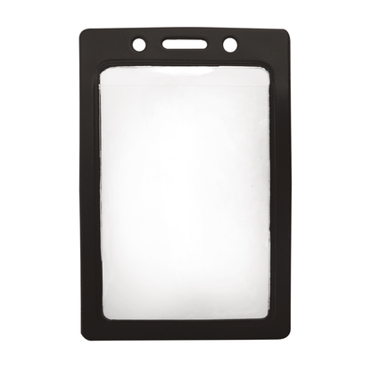 A Vertical Vinyl Color Frame Badge Holder (P/N 1820-300x) with a black border and three holes at the top for attachment.