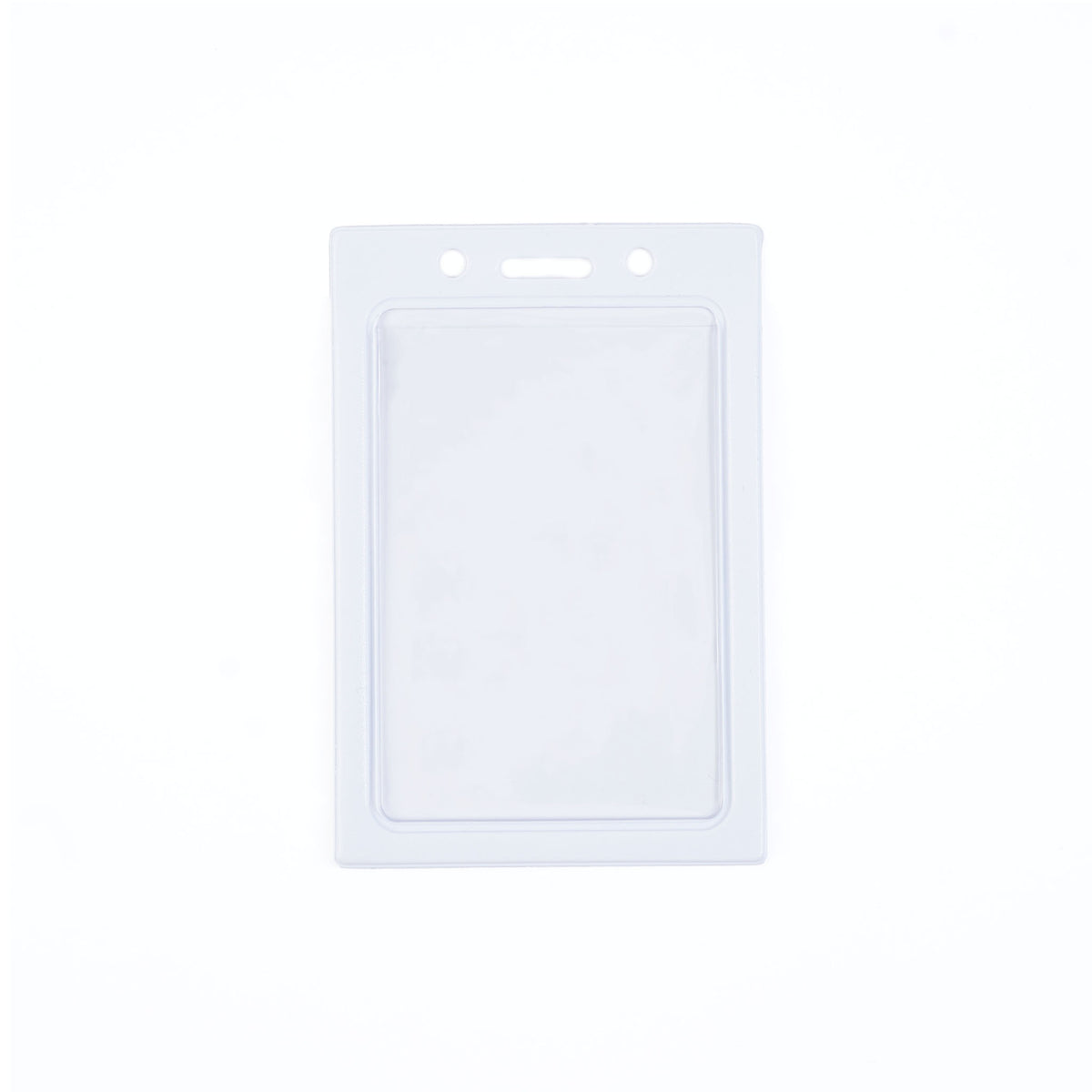 1820-3008 White - The Vertical Vinyl Color Frame Badge Holder (P/N 1820-300x) is a transparent plastic holder featuring a vertical orientation and three holes at the top, specifically designed for use in color-coded access systems. It is displayed on a white background.