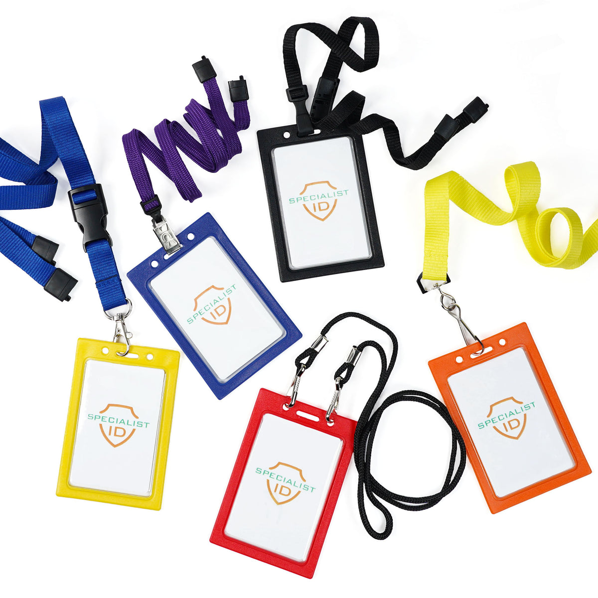 Five Vertical Vinyl Color Frame Badge Holders (P/N 1820-300x) in different colors, each paired with a matching lanyard and containing a card labeled “Specialist ID,” are arranged on a white background to demonstrate how color-coded access systems can enhance organization.