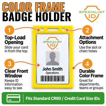 Sure! Here’s your rewritten sentence using the product data: The Vertical Vinyl Color Frame Badge Holder (P/N 1820-300x) in yellow features a durable vertical frame with a clear window to display an ID card labeled “John Smith, Operations.” This badge holder includes a top-load opening, color-coded access attachment slots, and sturdy construction for reliable ID protection.