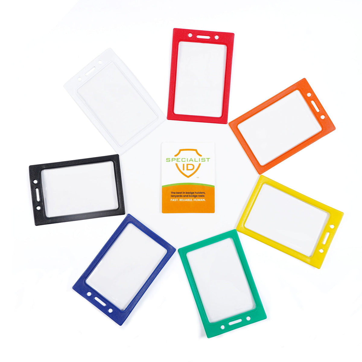 Seven Vertical Vinyl Color Frame Badge Holders (P/N 1820-300x), each in a different color—red, orange, yellow, green, blue, black, and white—are arranged in a circle around a Specialist ID card on a white background.
