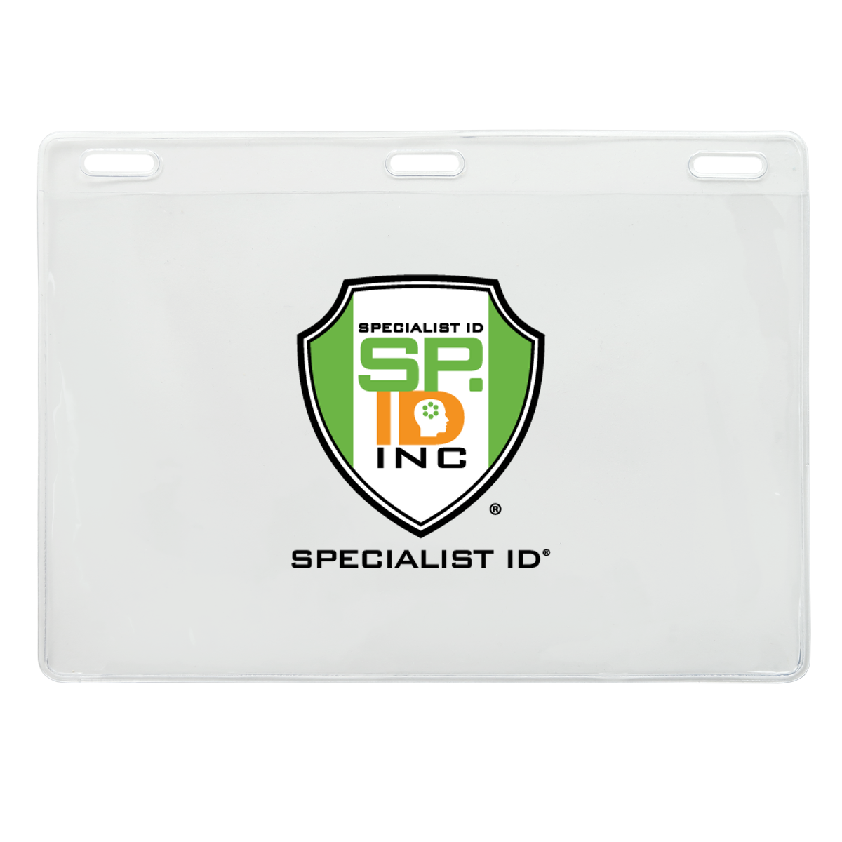 Custom Clear 6x4 Vinyl Horizontal Large Event Badge Holders - Personalize by Adding Your Logo displaying the Specialist ID Inc logo, with green and white colors, and the text "SPECIALIST ID" at the bottom, ensuring excellent brand visibility.