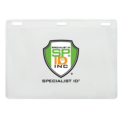 Custom Clear 6x4 Vinyl Horizontal Large Event Badge Holders - Personalize by Adding Your Logo displaying the Specialist ID Inc logo, with green and white colors, and the text "SPECIALIST ID" at the bottom, ensuring excellent brand visibility.