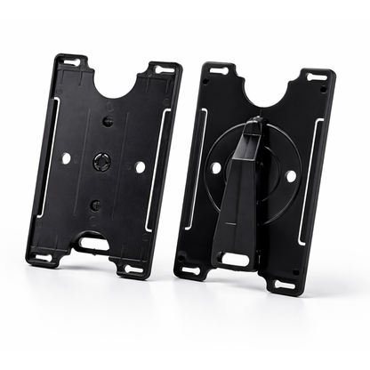 Black semi-rigid convertible badge holder front and back with rotating clip