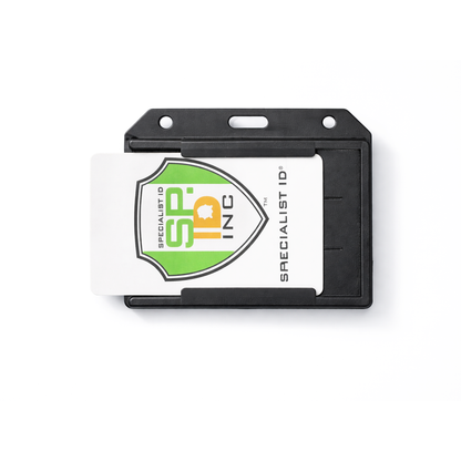 Black ID badge holder with a Specialist ID design on a card, partially displayed.  This rigid plastic, 2-Sided Horizontal Multi-Card Holder (1840-305X) ensures durability while showcasing your cards proudly.