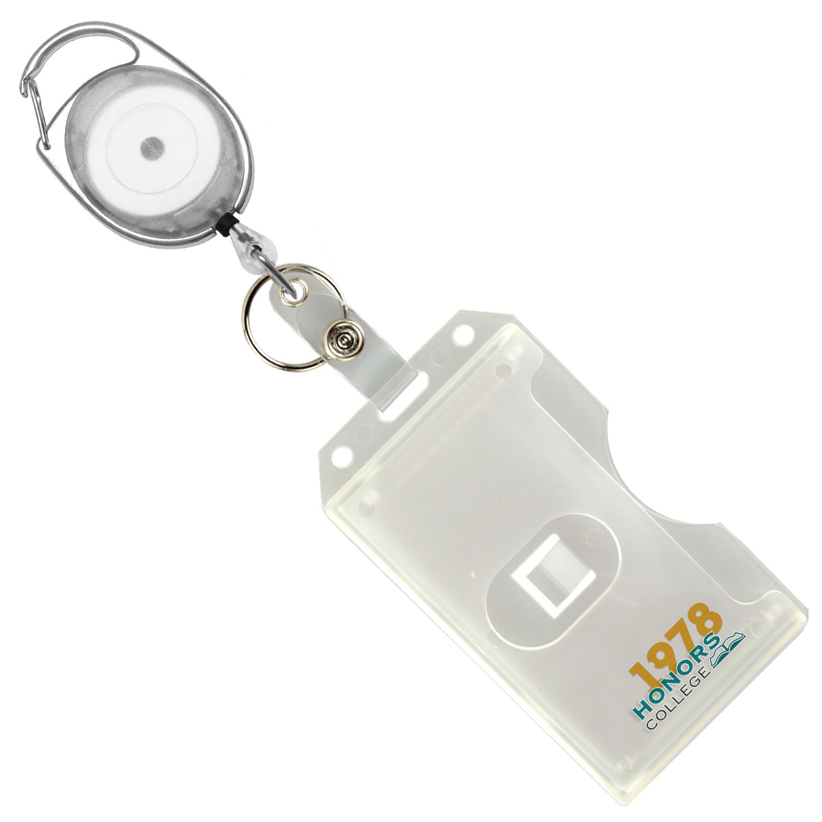 A Custom 2-Sided Rigid Vertical Multi-Card Holder (1840-308X) - Add Your Logo with a retractable reel clip, offering a professional look. The badge holder features "1978 Honors College" text and logo in blue and gold, enhancing brand recognition.