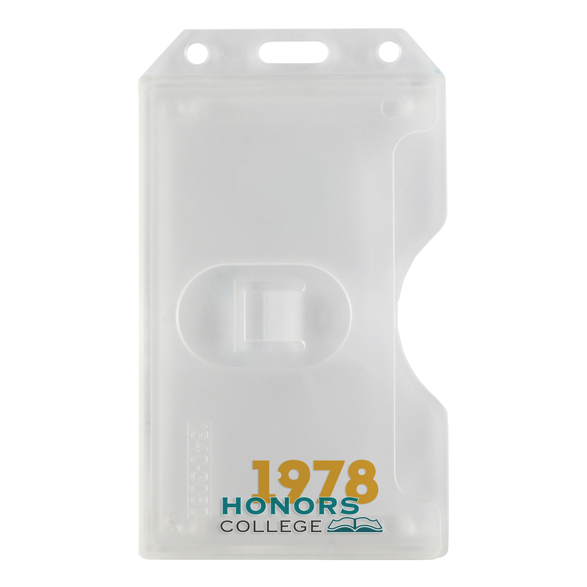A translucent, customizable Custom 2-Sided Rigid Vertical Multi-Card Holder (1840-308X) - Add Your Logo featuring a professional look with a blue and gold "1978 Honors College" logo at the bottom.