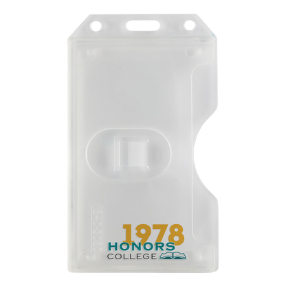 A translucent, customizable Custom 2-Sided Rigid Vertical Multi-Card Holder (1840-308X) - Add Your Logo featuring a professional look with a blue and gold "1978 Honors College" logo at the bottom.