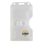 Vertical hard plastic clear multi card badge holder with example logo showing customization option