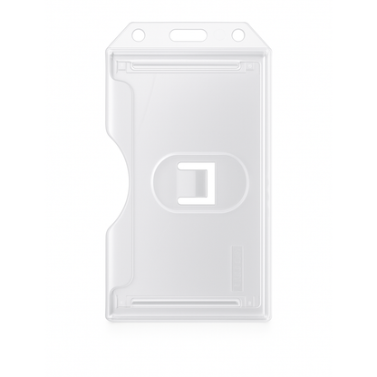 A 2 Sided clear Rigid Vertical MultiCard Badge Holder - Hard Plastic Multiple ID Card Holder (1840-308X), featuring a cutout slot and a hole on top for attachment.