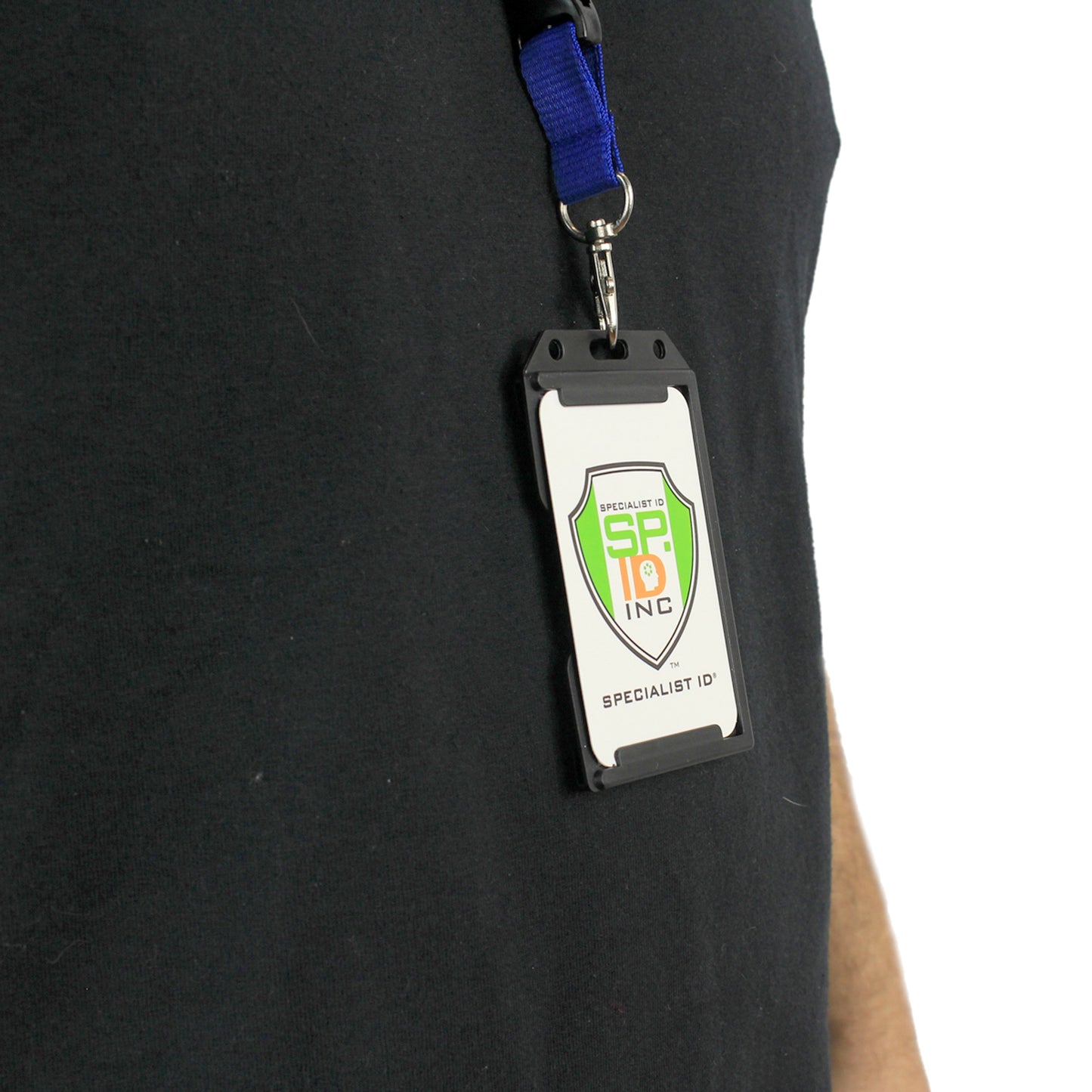A person in a black shirt has a lanyard with a 2 Sided Rigid Vertical MultiCard Badge Holder (1840-308X), holding several ID cards, including one marked "SPECIALIST ID INC.