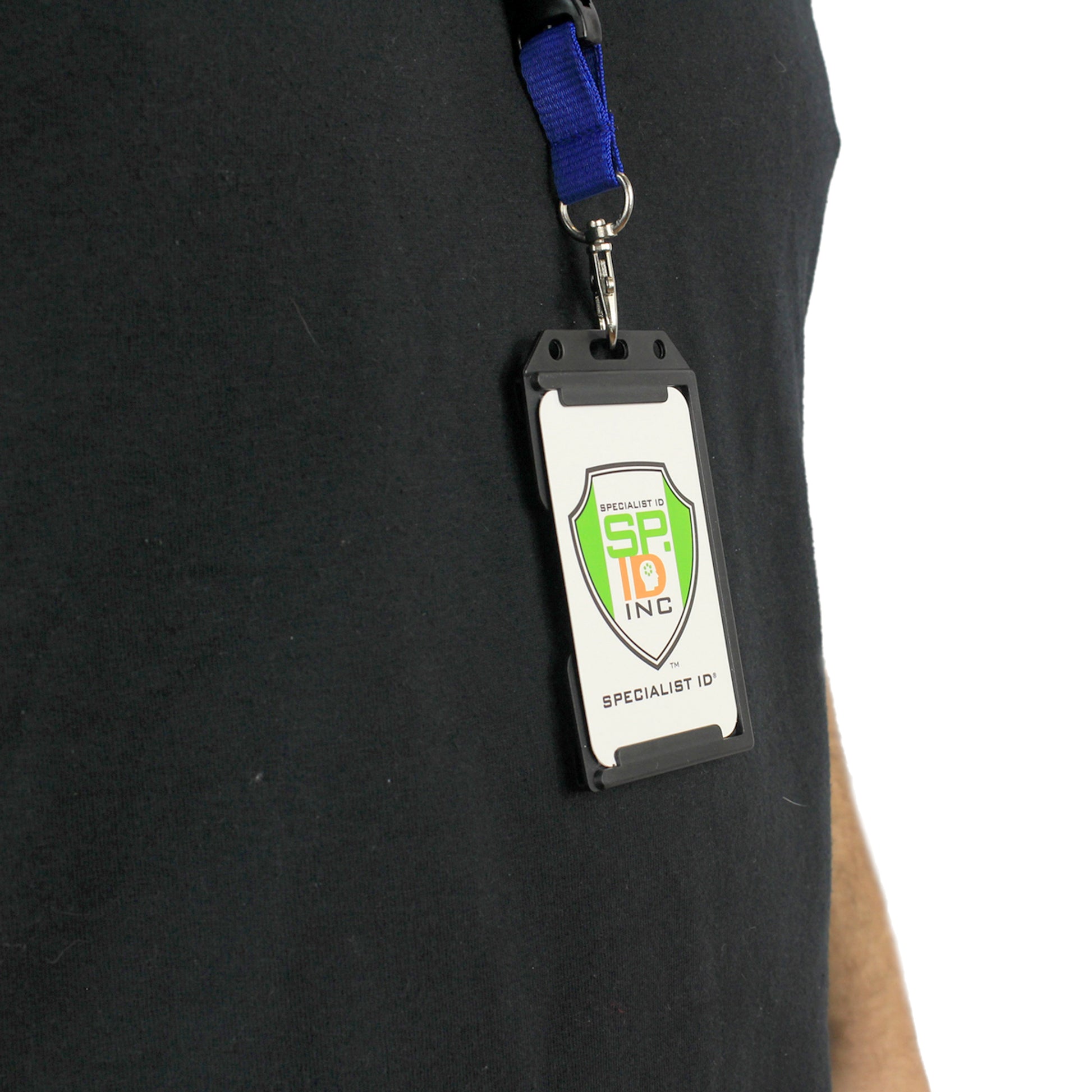 A person in a black shirt has a lanyard with a 2 Sided Rigid Vertical MultiCard Badge Holder (1840-308X), holding several ID cards, including one marked "SPECIALIST ID INC.