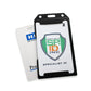 The 2 Sided Rigid Vertical MultiCard Badge Holder (1840-308X) securely displays two ID cards—one with a "SPECIALIST ID INC" logo and another partially visible—both featuring slot holes for easy lanyard attachment.