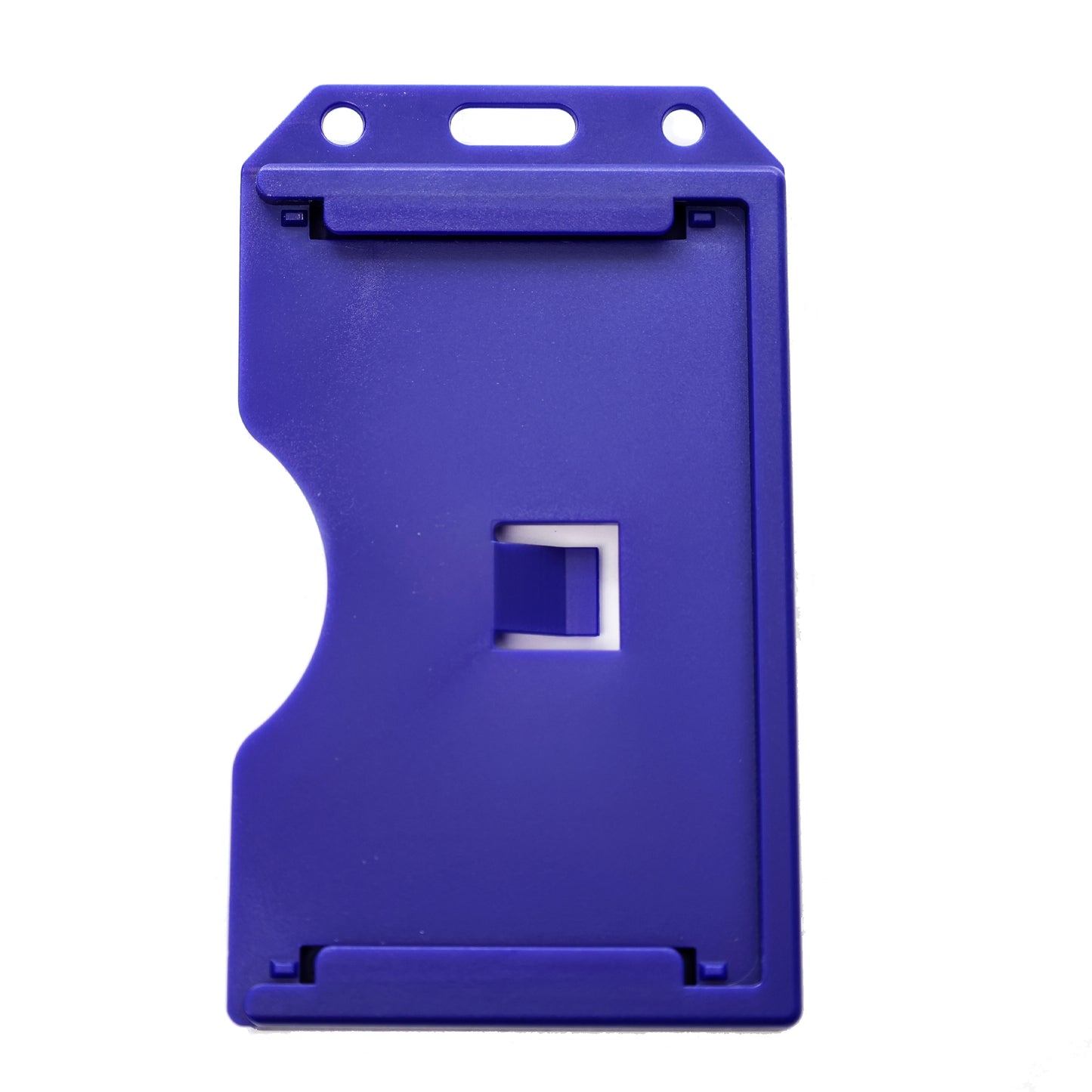 The 2 Sided Rigid Vertical MultiCard Badge Holder (1840-308X) is a heavy-duty hard plastic ID card holder with slots for lanyard attachment and openings for easy sliding out of multiple cards.