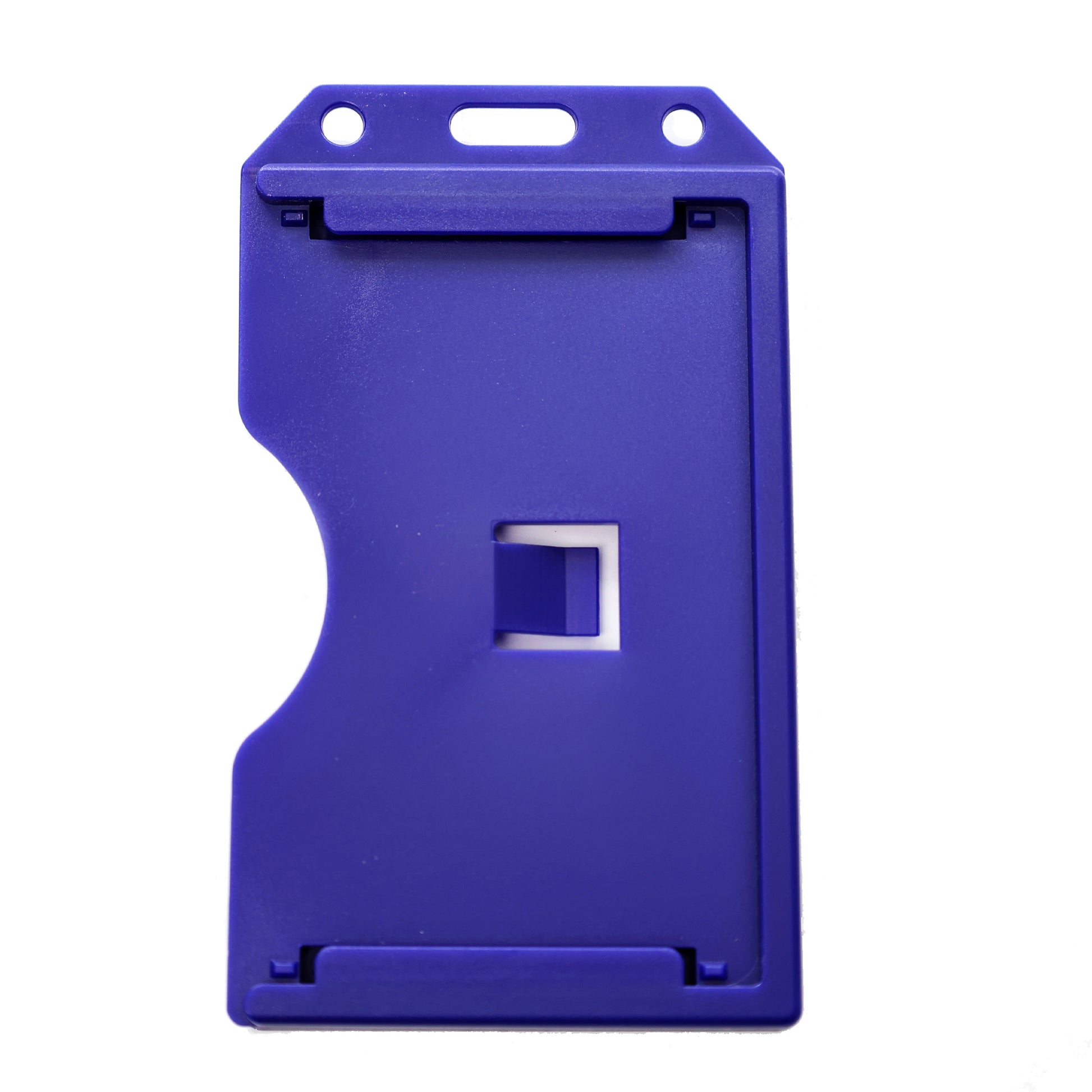 The 2 Sided Rigid Vertical MultiCard Badge Holder (1840-308X) is a heavy-duty hard plastic ID card holder with slots for lanyard attachment and openings for easy sliding out of multiple cards.