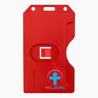 Red plastic Custom 2-Sided Rigid Vertical Multi-Card Holder (1840-308X) - Add Your Logo with cutout window, slot for attachment, and "WELLBEING: A PASSION FOR HEALING" logo featuring a stylized human figure. This customizable badge holder ensures brand recognition and maintains a professional look.