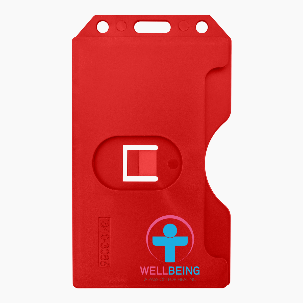 Red plastic Custom 2-Sided Rigid Vertical Multi-Card Holder (1840-308X) - Add Your Logo with cutout window, slot for attachment, and "WELLBEING: A PASSION FOR HEALING" logo featuring a stylized human figure. This customizable badge holder ensures brand recognition and maintains a professional look.