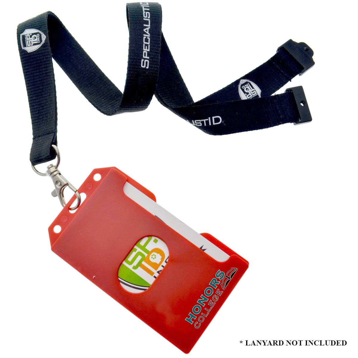 Red Custom 2-Sided Rigid Vertical Multi-Card Holder (1840-308X) - Add Your Logo with an ID card inside, featuring text "Honors College" printed on it. This professional look holder is attached to a black lanyard labeled "Specialist ID." Note: Lanyard not included.