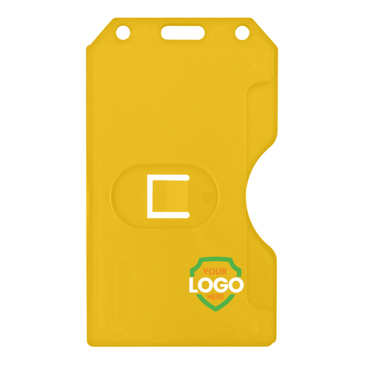Vertical hard plastic yellow multi card badge holder with example logo showing customization option
