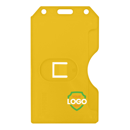 A customizable yellow plastic badge holder features a rectangular slot in the center and an empty space at the bottom, perfect for achieving brand recognition while maintaining a professional look.