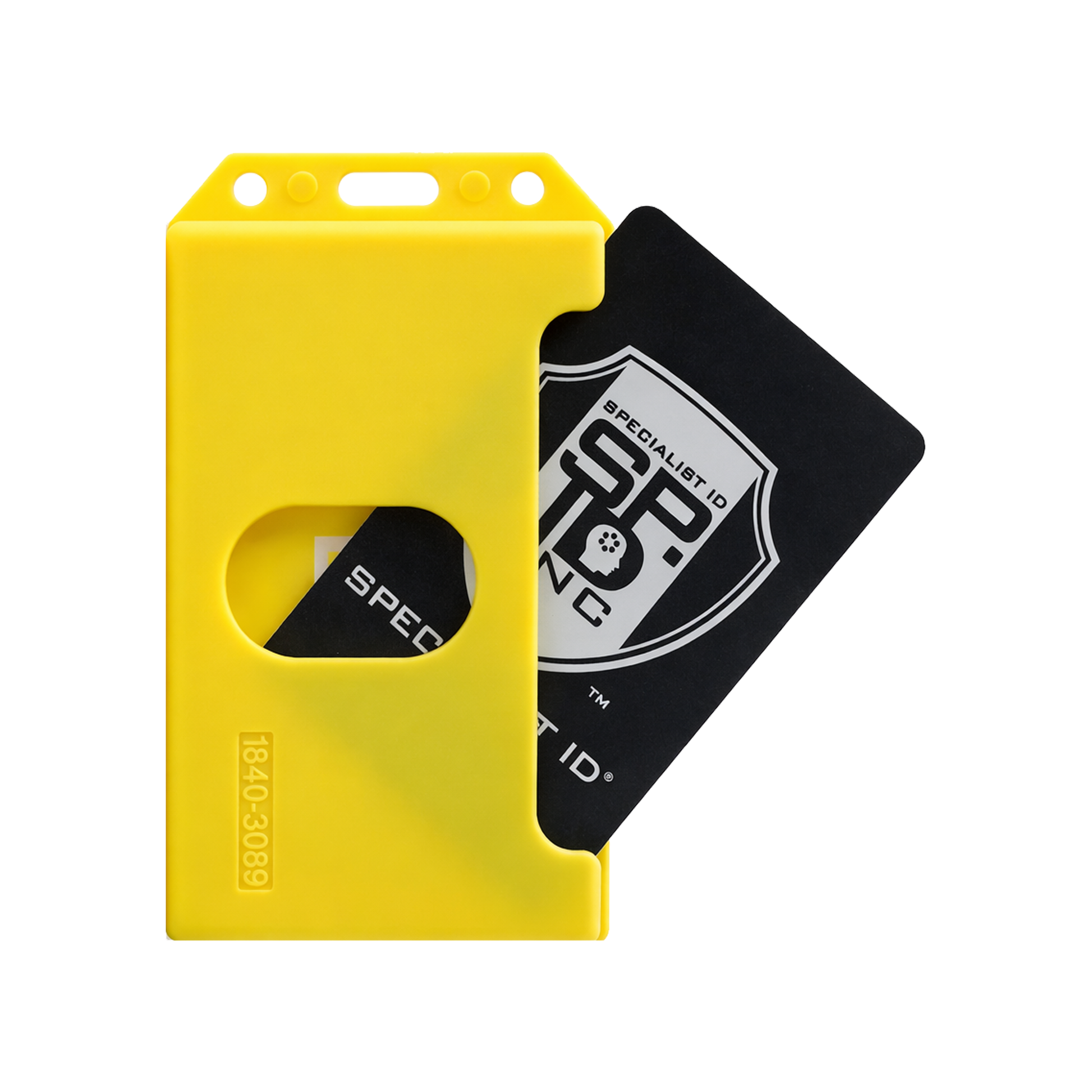 A yellow 2 Sided Rigid Vertical MultiCard Badge Holder (1840-308X) made of hard plastic is shown with a black card partially inserted, displaying a white Specialist ID logo on the card.