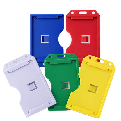 Five 2 Sided Rigid Vertical MultiCard Badge Holders (model 1840-308X) in blue, red, green, yellow, and white are arranged on a white background. Each hard plastic multiple ID card holder features both a slot and a cutout window for convenient access to your cards.