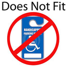 Blue handicapped parking permit sign with a red prohibition symbol over it and the text "Does Not Fit" at the top, emphasizing the need for **Custom Clear Rigid Vinyl Vertical Vehicle Parking Pass Hang Tag Holder - Add Your Logo** to ensure vehicle hang tag holders promote brand awareness effectively.