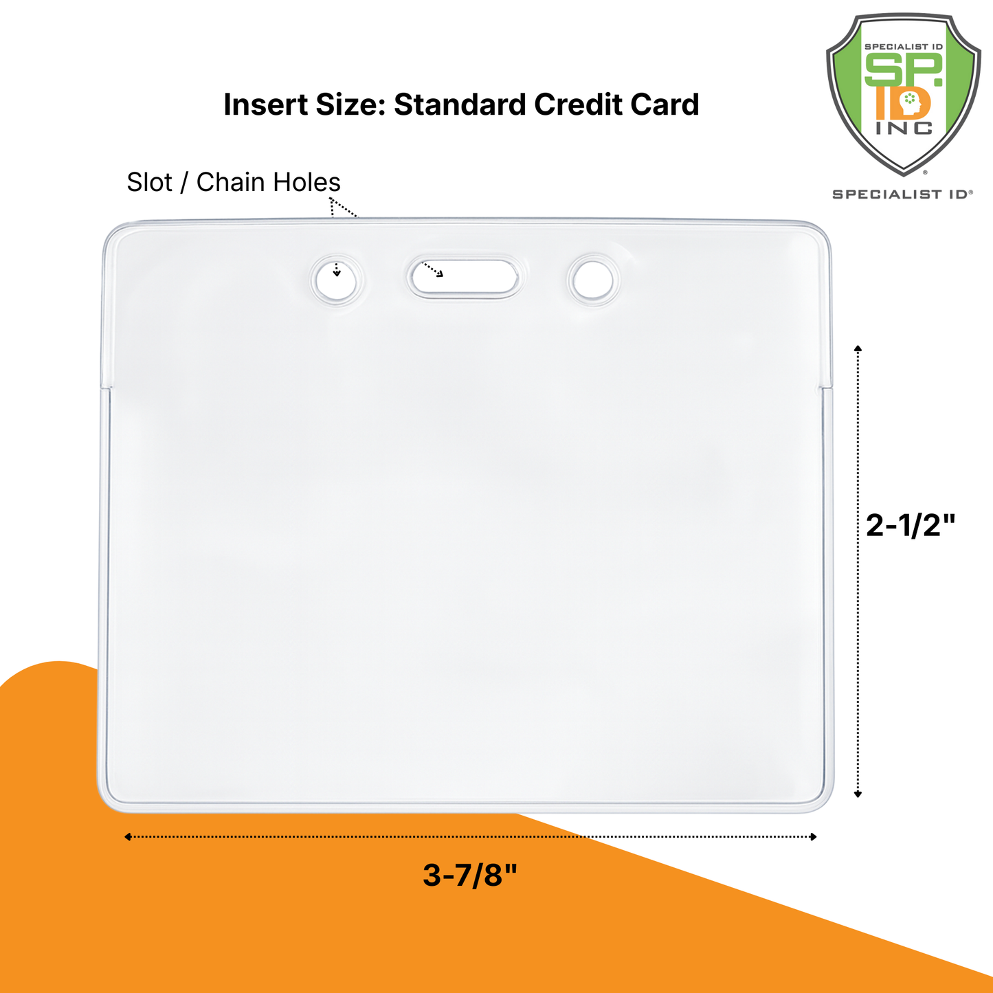 Horizontal Vinyl Proximity Card Holder with Locking Top for Prox and Tap to Access ID Cards (P/N 1840-5000) measuring 3 7/8 inches wide and 2 1/2 inches tall, designed to fit a standard credit card size insert, featuring top load slot & chain holes. SPID logo displayed