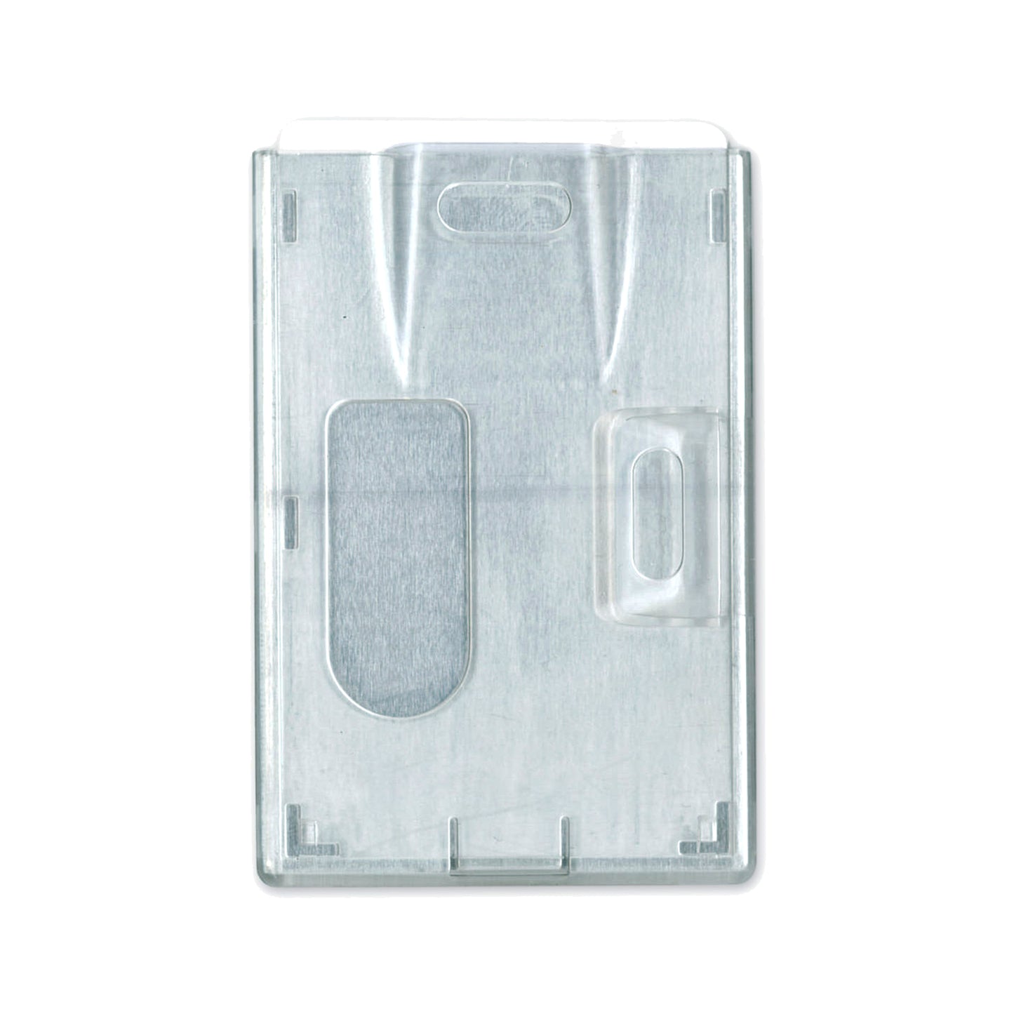 Back view showing the horizontal and vertical slot hole tabs and the thumb slot removal cutout from the metal shielded 2-card capacity badge holder with RFID blocking technology.