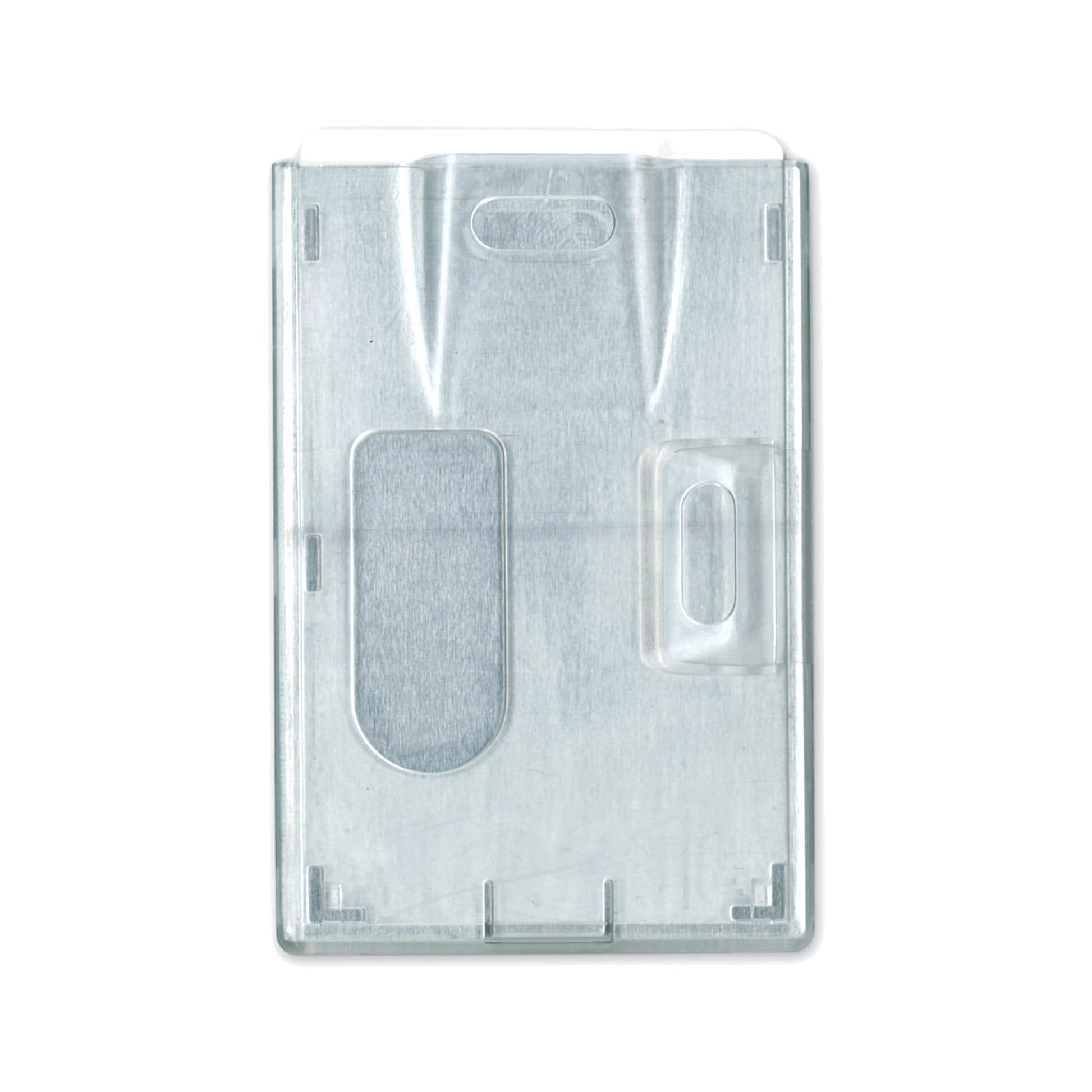 Back view showing the horizontal and vertical slot hole tabs and the thumb slot removal cutout from the metal shielded 2-card capacity badge holder with RFID blocking technology.