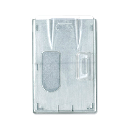 Back view showing the horizontal and vertical slot hole tabs and the thumb slot removal cutout from the metal shielded 2-card capacity badge holder with RFID blocking technology.