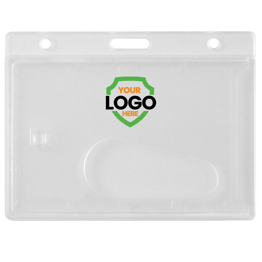Custom Horizontal Crystal Clear Card Dispenser (726-CT1-Custom) with a logo placeholder, designed to fit a card. Features a slot for a clip and three round holes for easy attachment, perfect for those who need to customize their ID badges.