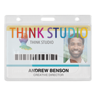 An ID badge for Think Studio with a photo of a man and the name "Andrew Benson, Creative Director" printed on it. The badge includes a barcode, employee ID number, and comes with Custom Horizontal Rigid Plastic Frosted Card Dispenser (1840-6000-Custom).
