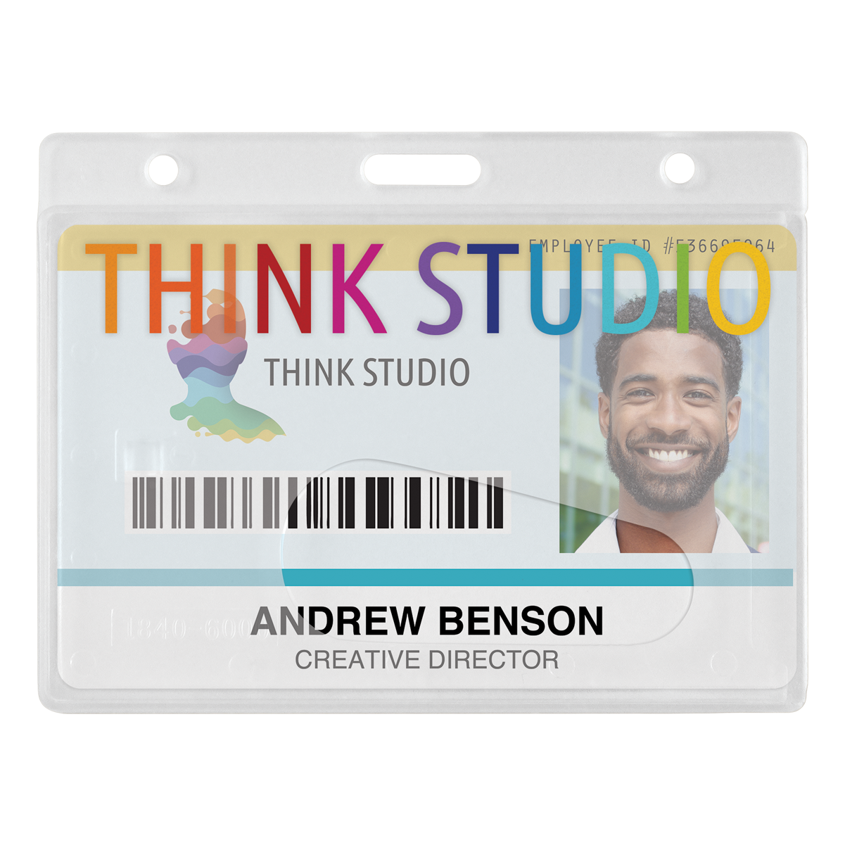 An ID badge for Think Studio with a photo of a man and the name "Andrew Benson, Creative Director" printed on it. The badge includes a barcode, employee ID number, and comes with Custom Horizontal Rigid Plastic Frosted Card Dispenser (1840-6000-Custom).