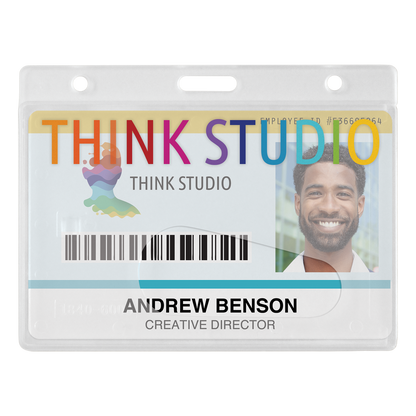 An ID badge for Think Studio with a photo of a man and the name "Andrew Benson, Creative Director" printed on it. The badge includes a barcode, employee ID number, and comes with Custom Horizontal Rigid Plastic Frosted Card Dispenser (1840-6000-Custom).