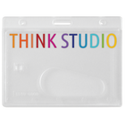 A Custom Horizontal Rigid Plastic Frosted Card Dispenser (1840-6000-Custom), designed as a clear plastic card dispenser with a slot for easy insertion. "THINK STUDIO" is displayed in colorful letters on the top front. No setup fees required.