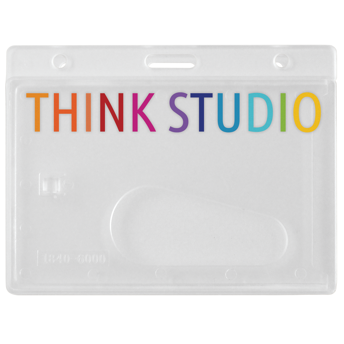 A Custom Horizontal Rigid Plastic Frosted Card Dispenser (1840-6000-Custom), designed as a clear plastic card dispenser with a slot for easy insertion. "THINK STUDIO" is displayed in colorful letters on the top front. No setup fees required.