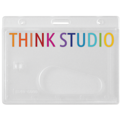 A Custom Horizontal Rigid Plastic Frosted Card Dispenser (1840-6000-Custom), designed as a clear plastic card dispenser with a slot for easy insertion. "THINK STUDIO" is displayed in colorful letters on the top front. No setup fees required.