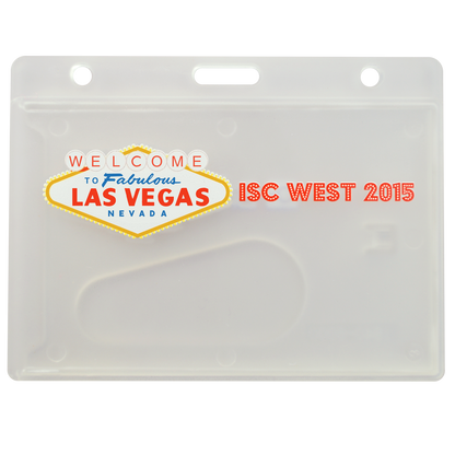 Custom Horizontal Rigid Plastic Frosted Card Dispenser (1840-6000-Custom) with "Welcome to Fabulous Las Vegas Nevada" and "ISC West 2015" printed on the front. Custom badge holders with no setup fees, designed for events and conferences.