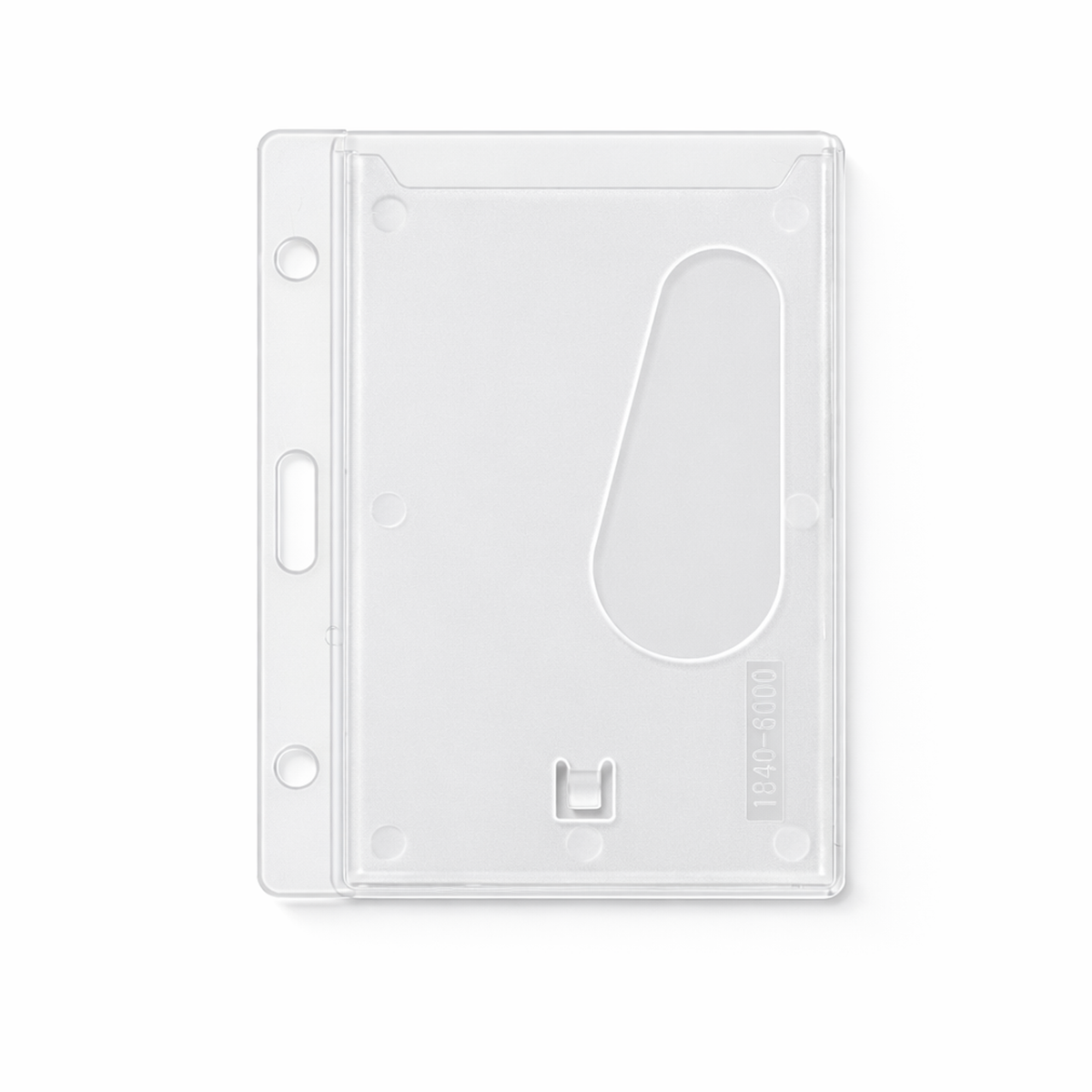 The Horizontal Rigid Plastic Badge Holder - Frosted Card Dispenser (P/N 1840-6000) features a clear, durable design with slot and holes for easy attachment, plus a diagonal thumb notch on one side for convenient card removal—making it ideal as an ID card holder.